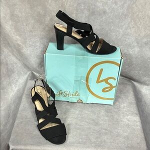 Life Stride Black Elastic Strappy Block Heel Sandals